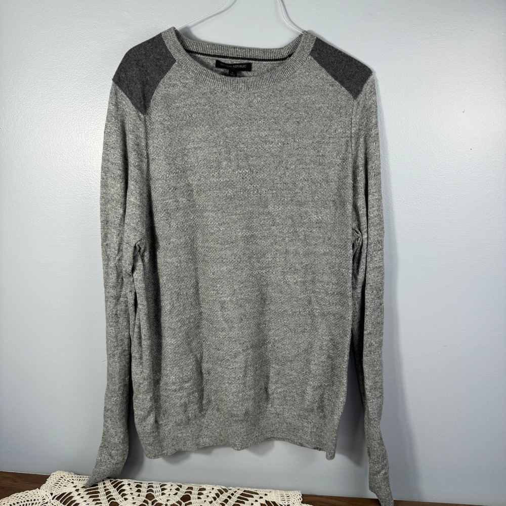 Banana Republic Mens L Gray Cotton Crewneck Sweater Wool Shoulder Patch Heritage